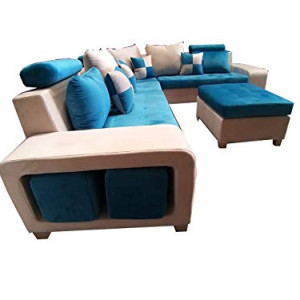 GLF corner sofa set with table and 8 pillows 4 stools are placed in arms of the sofa