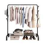 Multipurpose Clothing Garment Rack with Bottom Shelves,Metal Clothes Stand Rack with Rod and Lower Storage Shelf, Heavy Duty Coat Rack and Shoe Bench Storage Stand for Indoor Bedroom