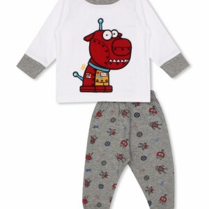 Luqu 2 Piece Infant Baby 100% Cotton Pyjama Set Sleepwear, Long Sleeve T-Shirt, White Robbot Embroidery