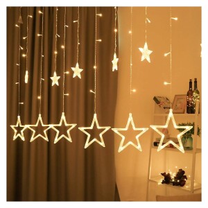 Solar Star Curtain Lights 12 Stars 138 LED 8 Lighting Modes, Solar Star String Lights Fairy Curtain Lights for Garden Home Party Indoor Outdoor Decoration Warm White