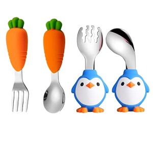 4 Pack Toddler Utensils Baby Spoons and Forks Self-Feeding for Kids, Baby Silverware with Silicone Handle Travel Cutlery Set