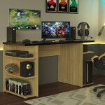  Gaming Computer Desk and Office Table with 5 Shelves and Cable Management, Wood, 136 W x 75 H x 60 D Cm - Oak