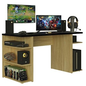  Gaming Computer Desk and Office Table with 5 Shelves and Cable Management, Wood, 136 W x 75 H x 60 D Cm - Oak