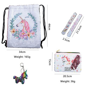 Unicorn Bag, Birthday Christmas Gifts for Girls, Cute Drawstring Bags Set 5 PCS Reversible Sequin Bags Set Including chain Slap Bracelets