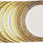 Rosymoment disposable plastic plates 7 inch with golden rim 10 piece set