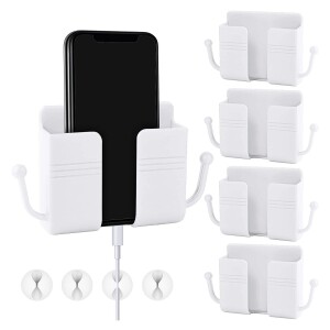 4 Pcs Wall Mount Mobile Phone Stand Self Adhesive Mobile Phone Mount With Hook, 4 Cable Clips