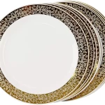 Rosymoment Disposable Plastic Plates 9" With Golden Rim 10 Piece