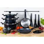 EDENBERG 15-piece Black Hexagon Design Forged Cookware Set| Stove Top Cooking Pot| Cast Iron Deep Pot| Butter Pot| Chamber Pot with Lid| Deep Frypan