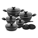 EDENBERG 12 piece Black Diamond Design Cookware Set | Stove Top Cooking Pot| Cast Iron Deep Pot| Butter Pot| Chamber Pot with Lid