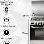 4 Burner Gas Cooker 60 x 60 cm, Full safety, Auto-Ignition, Turnspit, Original Italian Oven and Grill Burner ,1 year Warranty U6068FSE1 Silver/Black