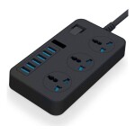 Universal Power Strip 6-USB 3-Power Socket with 2M Wall Plug Surge Protection Black 18x10x3cm