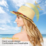 Straw Hats Packable Sun Hats,  Beach Hats Straw Fedora Hat for Women Wide Brim Straw PanamaBeach Sun Hat UPF50+