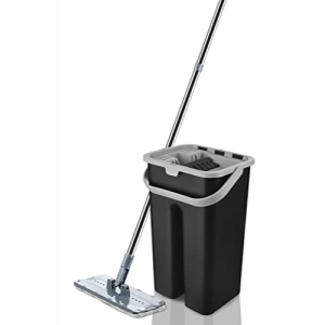 Microfiber Flat Mop with Bucket, Cleaning Squeeze Hand Floor Mop, & Reusable Microfiber Pads, Stainless Steel Handle,