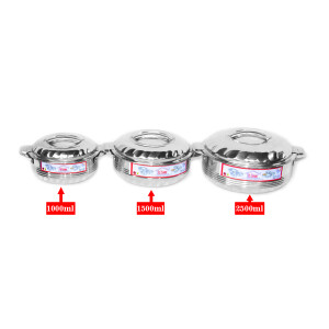 3-Piece Stainless Steel Round Flora Sliver Touch Thermal Hotpot Serving Bowl Set, 7871FST, Silver