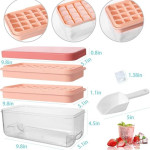 Press Type 64-Ice Cube Tray,Quickly Ice Cubes Release,Plastic Stackable Maker Mold with Ice Container,Scoop and Lid,Pink