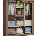 Portable Fabric Canvas Wardrobe With Storage Cupboard Organiser Brown 130x175x45cm