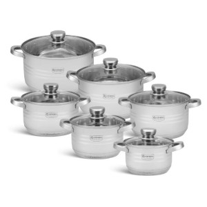 12 pcs cookware set 6 stainless steel pots glass lids 100% food safe material dishwasher microwave Safe- Silver