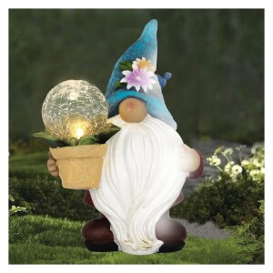 Garden Gnome Statue - Resin Gnome Figurine Carrying Magic Orb with Solar LED Lights, Outdoor Summer Decorations for Patio Yard Lawn Porch, Ornament