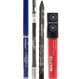 MAROOF Matte Lipgloss With Eye Kajal Pencil Duo Set And Brow Pencil Combo Multicolour Pack of 4