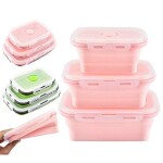 Lunch Box Silicone Set Collapsible Food Box Portable Food Container Meal Box Bento Lunch Box Food Grade BPA Free Foldable Fruit Container Salad Box Space Saving (3Pack) (Pink)