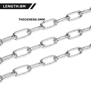 8 Metres Stainless Steel Chain, 3mm Heavy Duty Chain, Galvanized Metal Link Chain Thick Stainless Steel Chain for Bike Security, Fence Gate, Garage Doors