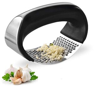 JEVAL Garlic Press Stainless Steel Crusher and Rocker Plastic Portable Ginger Mincer Squeezer Chopper with Handle Manual Garlic Presser Curved Grinding Slicer Cooking Gadgets Tool