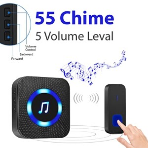 Wireless Doorbell Chimes - 1 Remote Waterproof Transmitter and 1 Receiver - 55 Chime and 5 Volume Level - for home, office, school, hospital