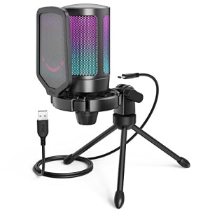 FIFINE Gaming USB Microphone for PC PS5, Condenser Mic with Quick Mute, RGB Indicator, Tripod Stand, Pop Filter, Shock Mount