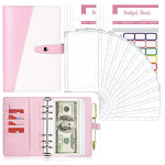 Budget Binder with Cash Envelopes, A6 Stitching PU Leather Budget Binder with Zipper Envelopes and Cash Budget Binder for Saving Money