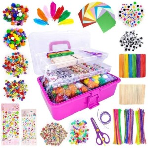 1405-Piece Art and Craft Supplies for Kids,Toddler DIY Craft Art Supply Set Included Pipe Cleaners, Pom Poms, Feather, Folding Storage Box