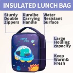 Snack Attack Lunch Bag for Kids, Dinosaur in space Theme Insulated Blue Lunch Bag for Boys Girls, Child Thermal Tote Cooler Bag Portable Leak Proof for School Picnic Outdoor