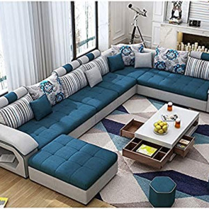 Modern Couch U Shaped Fabric Living Room Furniture Chaise Lounge Recliner Sectional L Shape Corner Sets (BLUE)