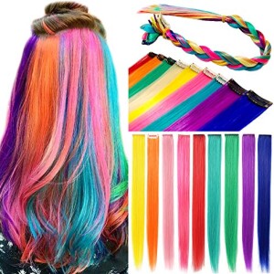 SARARHY 9PCS Fashion Hair Accessories Clip in/On Rainbow Wig Pieces for Amercian Girls and Adults Colored Hair Extension Party Highlight Multiple Colors