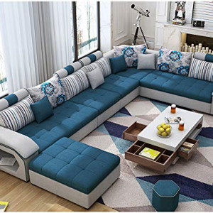 Modern Couch U Shaped Fabric Living Room Furniture Chaise Lounge Recliner Sectional L Shape Corner Sofa Sets (blue)