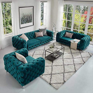 Simple Velvet fabric sofa, the body of the sofa is botton tufted sofa for living room (green)