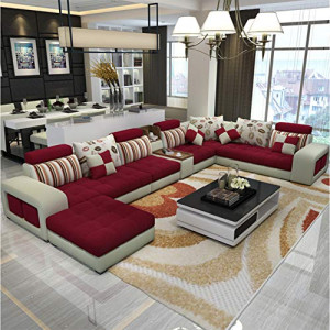 Modern Simple U-Shaped Sofa Living Room Chaise Longue Sofa Removable  Linen Fabric Sofa Multicolor,Red