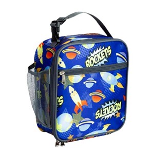 Lunch Bag for Kids, Space Rocket Insulated Blue Lunch Bag & Side Mesh Pocket, for Boys Girls, Child Thermal Tote Cooler Bag Portable Leak Proof