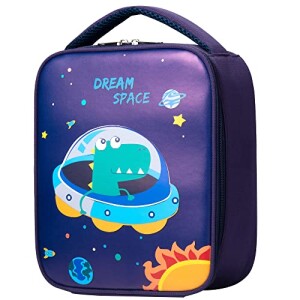 Snack Attack Lunch Bag for Kids, Dinosaur in space Theme Insulated Blue Lunch Bag for Boys Girls, Child Thermal Tote Cooler Bag Portable Leak Proof for School Picnic Outdoor
