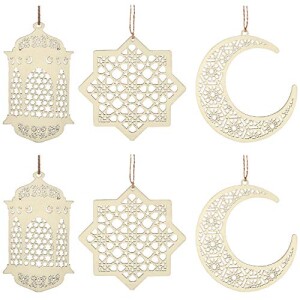 2 Sets 6 Pieces Wooden Pendant Ornament Ramadan Kareem Decoration Moon Star Wind Light Shape Pendant Ornament