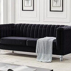Luxury Design European Style Living Room Sofa Set Furniture Design Modern Velvet Fabric 3 Seater Sofa (Black)