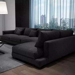 Nordic Style Fabric Sofa Modern Living Room L-shape Sofa Technology Fabric Sofa home furniture set (Black)