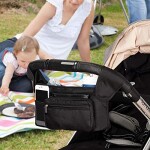 Universal Baby Stroller Organizer, 2 Insulated Cup Holder, Detachable Zippered Pocket, Adjustable Shoulder Strap, Large capacity for baby essentials, Compact Design Fits Any Strollers(Black)