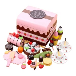Wooden Dessert Play Set for Kids,29 pcs DIY Cutting Birthday Party Cake Toy Pretend Play Kitchen Food Toys Set,Strawberries Cake Fruit Cutting Playset,Gifts for Boys Girls Toddlers