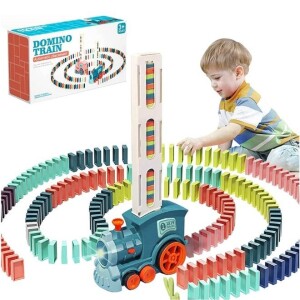 120 Pieces Domino Train Blocks Set for Kids Toy, Automatic Baby Electric Domino Building Stacking Toy, with Light & Sound Blocks Storage Case