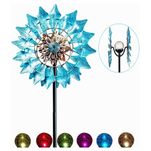 Kinetic Wind Spinner with Garden Stake,Metal Windmill with Solar Powered Glass Ball Lights,360 Swivel Outdoor Wind Sculpture