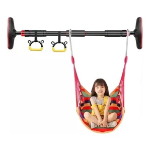 Doorway Pull Up Bar with Indoor Swing Trapeze Bar and Cartoon Gymnastic Rings for Kids Adults,39in-59in with Red Swing