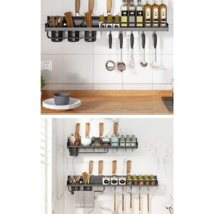 Rack with S Hooks Towel Bar,Aneder Floating Shelves Wall Mounted Holder Heavy Duty, Adhesive/Drill Installation Organizer Saving Space for Home Kitchen
