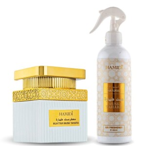 Luxurious Arabic Home Fragrance Set - Natural Musk Tahara Air Freshener 480ml & Bakhoor Muattar 50gm