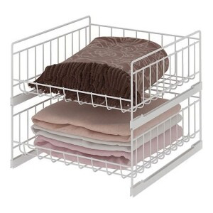 Closet Storage Basket Stackable - White Folding Storage Bins Carbon Steel Push-pull Clothes Organizer Shelf (2 Tier)