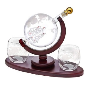 Whiskey Decanter Globe Set with 2 Etched Whiskey Glasses,Reusable Whiskey Stone Ice Cubes